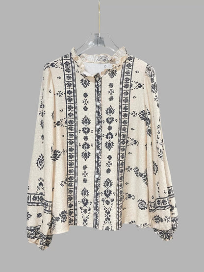 Printed Long Sleeve Blouse - minbolu -