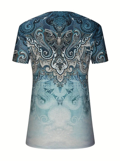 Printed Notched Short Sleeve Blouse - Stylish Design - minbolu