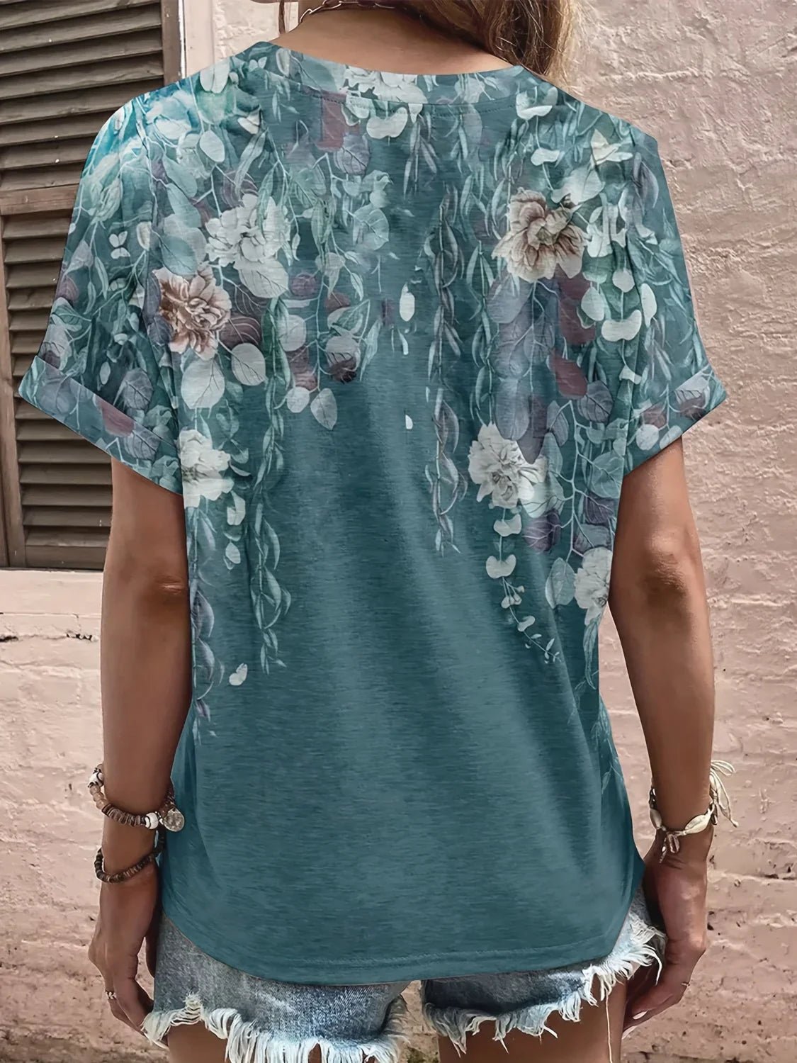 Printed Notched Short Sleeve Blouse - Stylish Design - minbolu