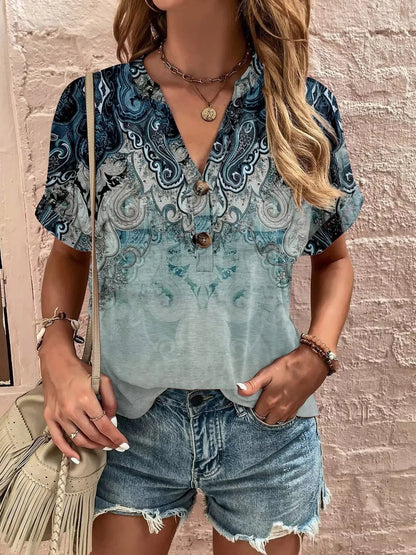 Printed Notched Short Sleeve Blouse - Stylish Design - minbolu