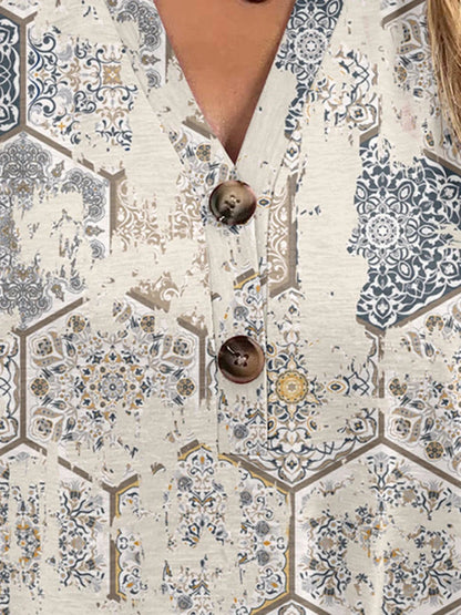 Printed Notched Short Sleeve Blouse - Stylish Design - minbolu