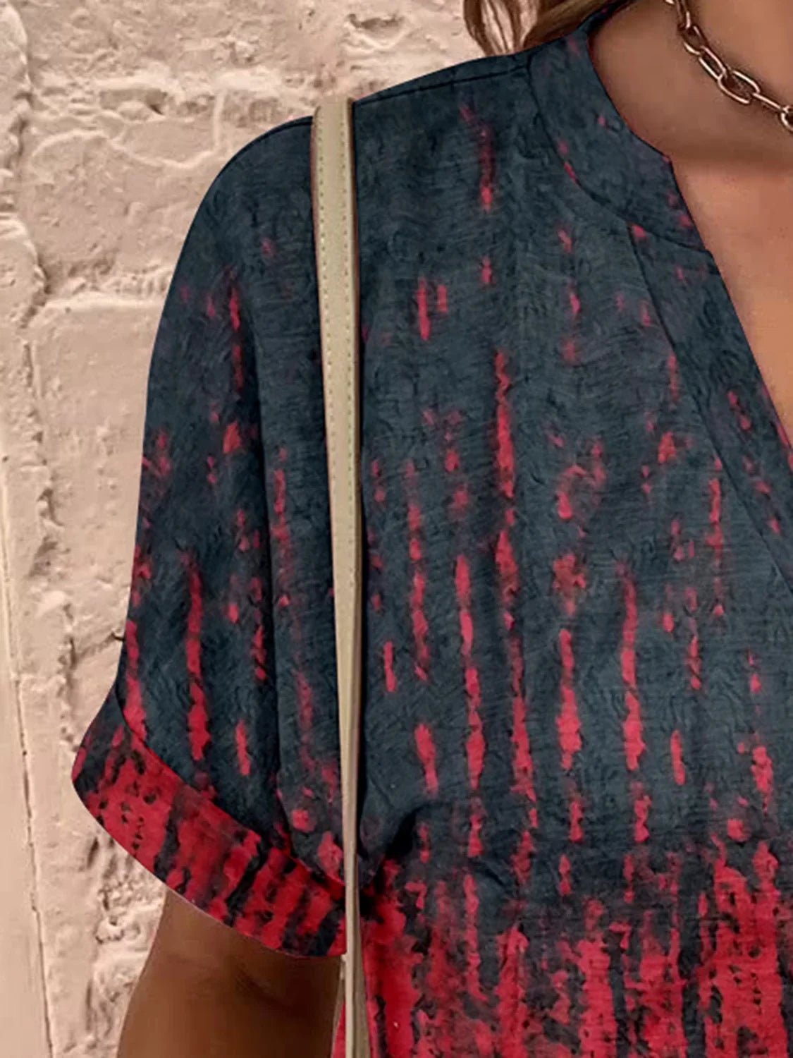 Printed Notched Short Sleeve Blouse - Stylish Design - minbolu