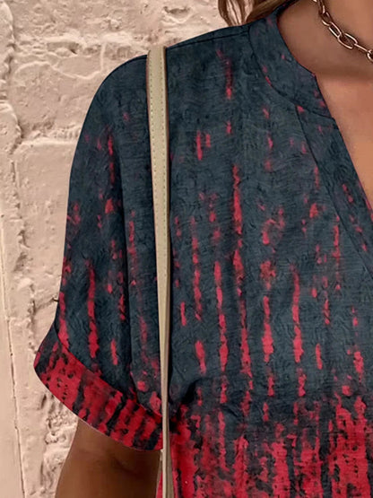Printed Notched Short Sleeve Blouse - Stylish Design - minbolu