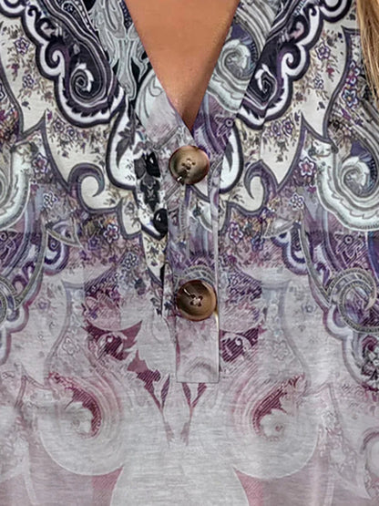 Printed Notched Short Sleeve Blouse - Stylish Design - minbolu