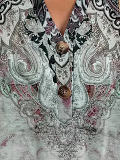 Printed Notched Short Sleeve Blouse - Stylish Design - minbolu