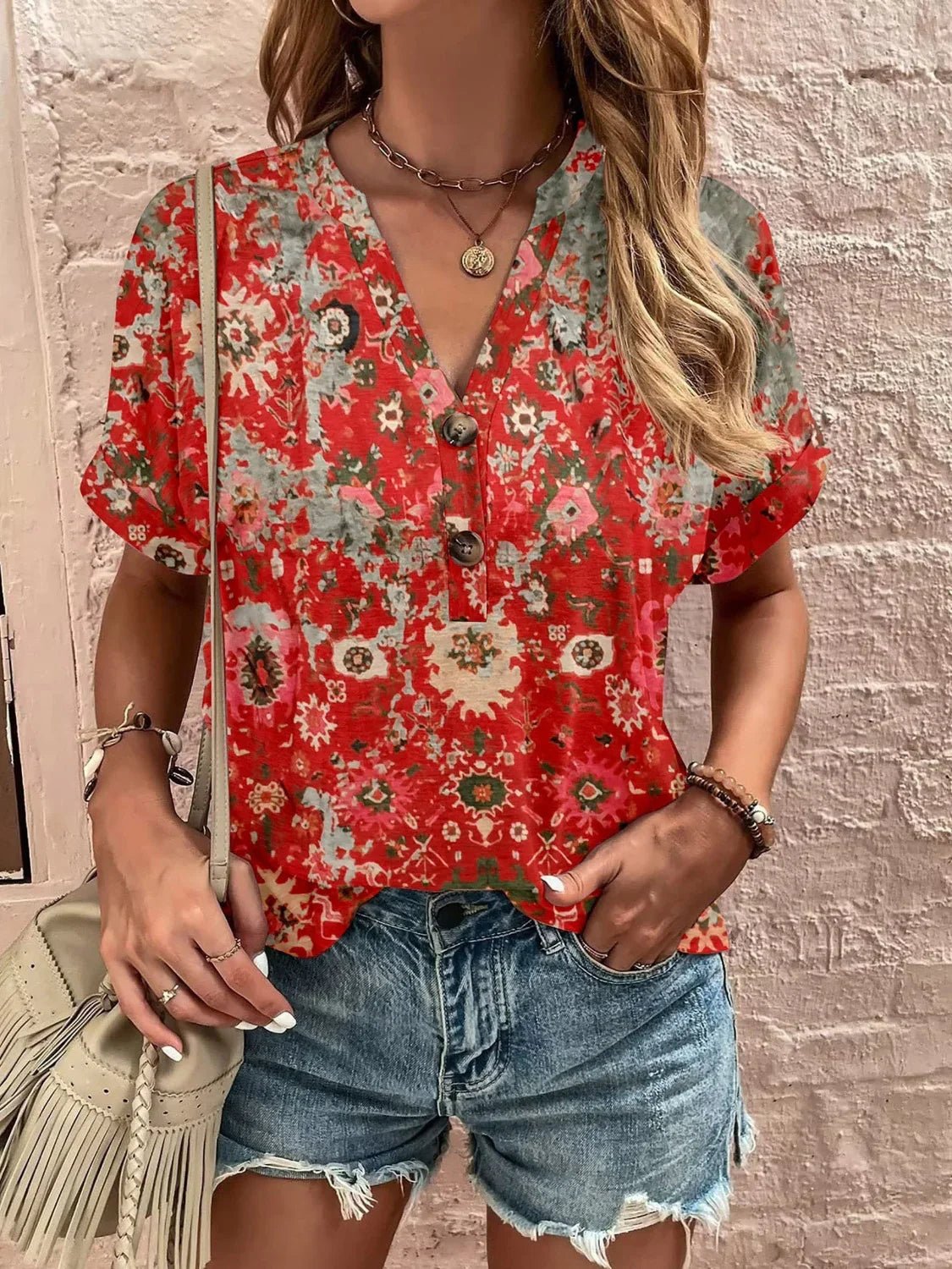 Printed Notched Short Sleeve Blouse - Stylish Design - minbolu