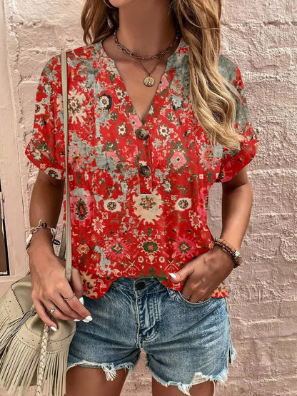 Printed Notched Short Sleeve Blouse - Stylish Design - minbolu
