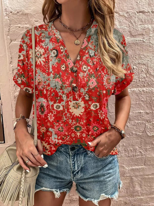 Printed Notched Short Sleeve Blouse - Stylish Design - minbolu