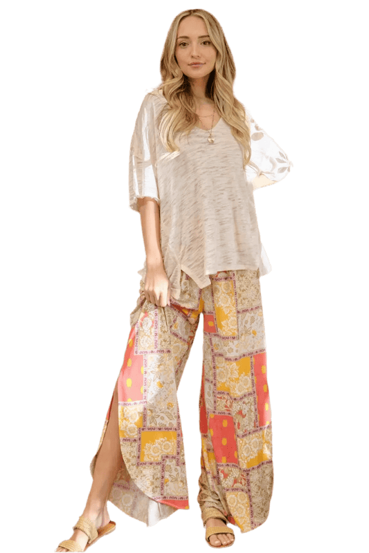 Printed Smocking Waist Side Slit Wide Leg Pants - minbolu