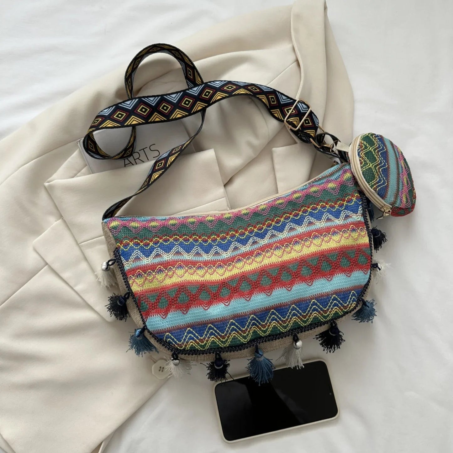 Printed Tassel Crossbody Bag with Small Purse - minbolu -