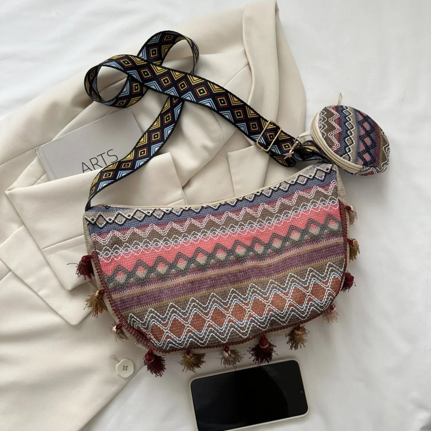 Printed Tassel Crossbody Bag with Small Purse - minbolu -