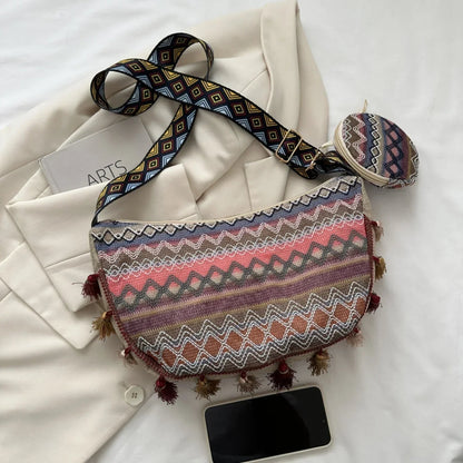 Printed Tassel Crossbody Bag with Small Purse - minbolu -