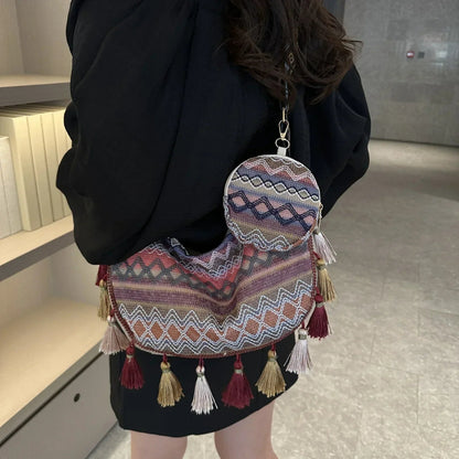 Printed Tassel Crossbody Bag with Small Purse - minbolu -