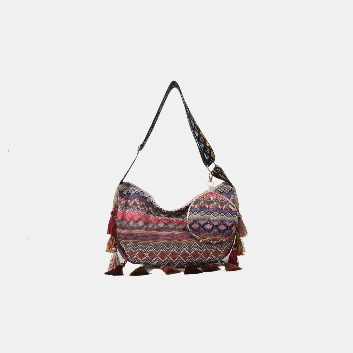 Printed Tassel Crossbody Bag with Small Purse - minbolu -