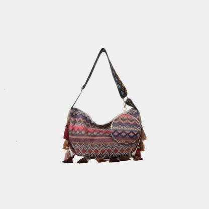 Printed Tassel Crossbody Bag with Small Purse - minbolu -