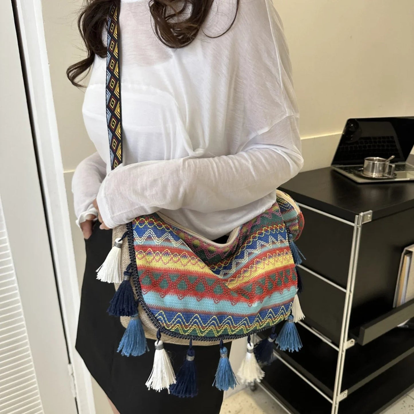 Printed Tassel Crossbody Bag with Small Purse - minbolu -