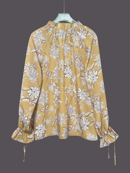 Printed Tie Neck Flounce Sleeve Blouse - minbolu