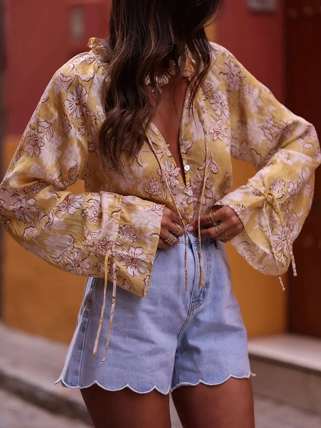 Printed Tie Neck Flounce Sleeve Blouse - minbolu -