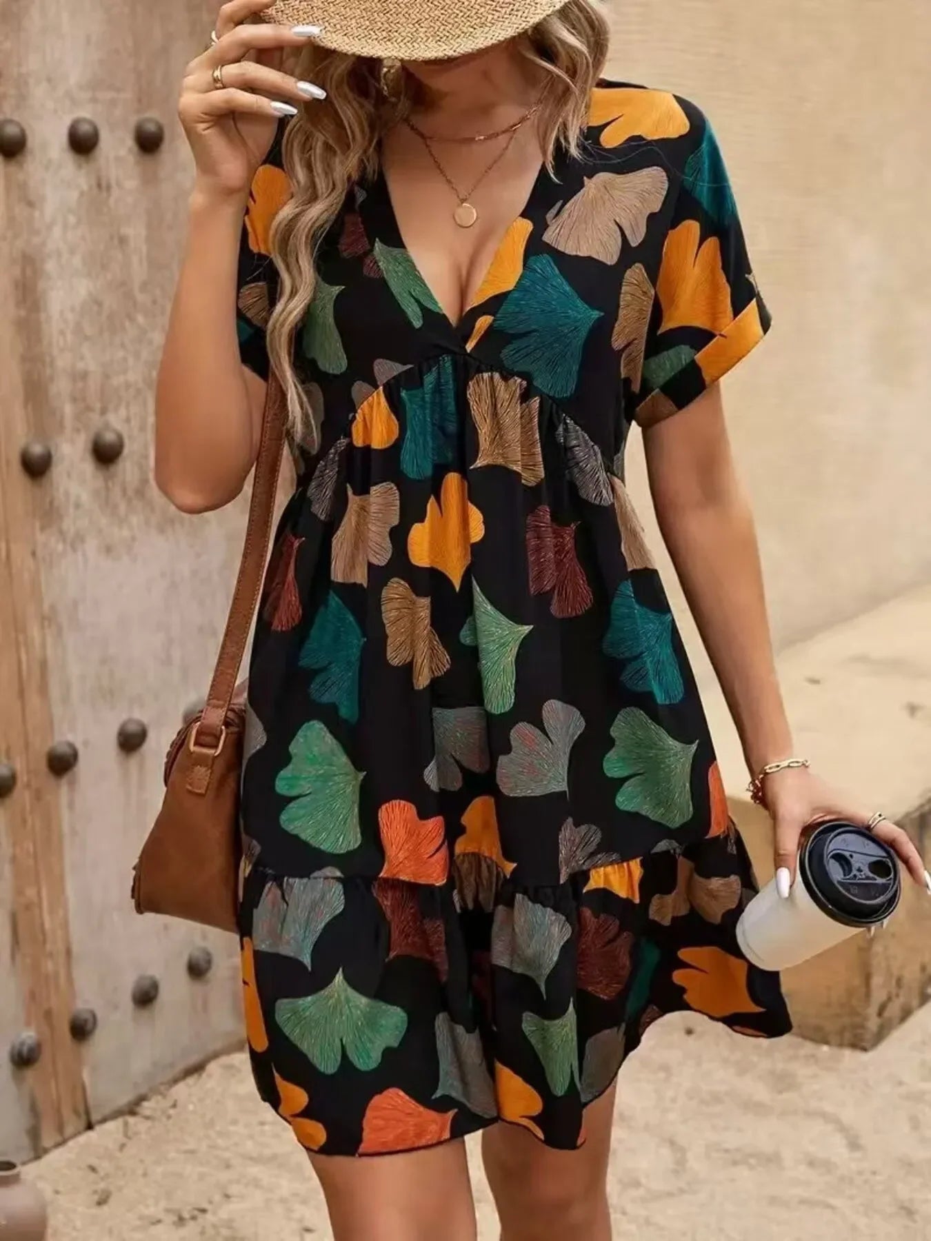 Printed V-neck Short Sleeve Boho Mini Dress - minbolu -