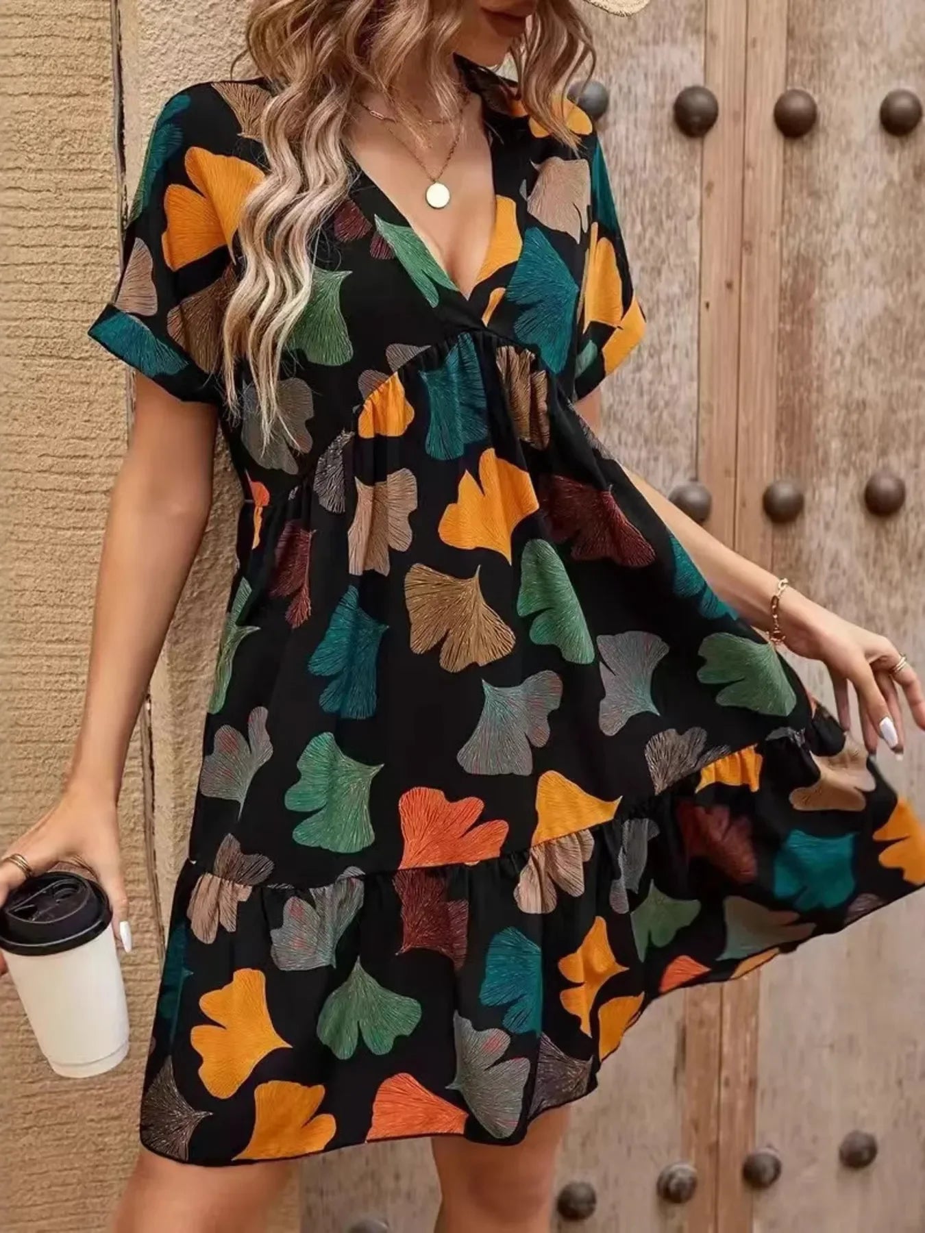 Printed V-neck Short Sleeve Boho Mini Dress - minbolu -