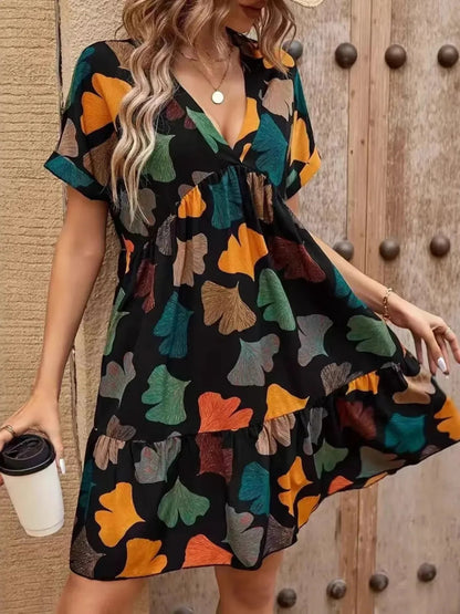 Printed V-neck Short Sleeve Boho Mini Dress - minbolu -