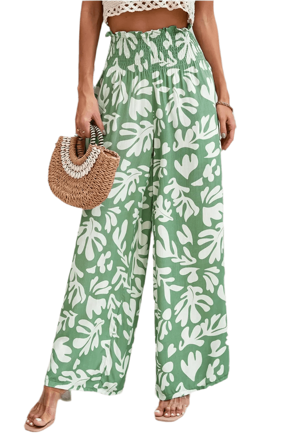 Printed Wide Leg Smocked Pants with Pockets - minbolu -