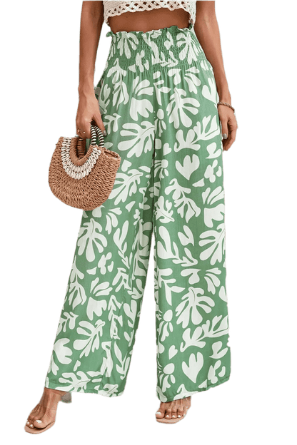 Printed Wide Leg Smocked Pants with Pockets - minbolu -