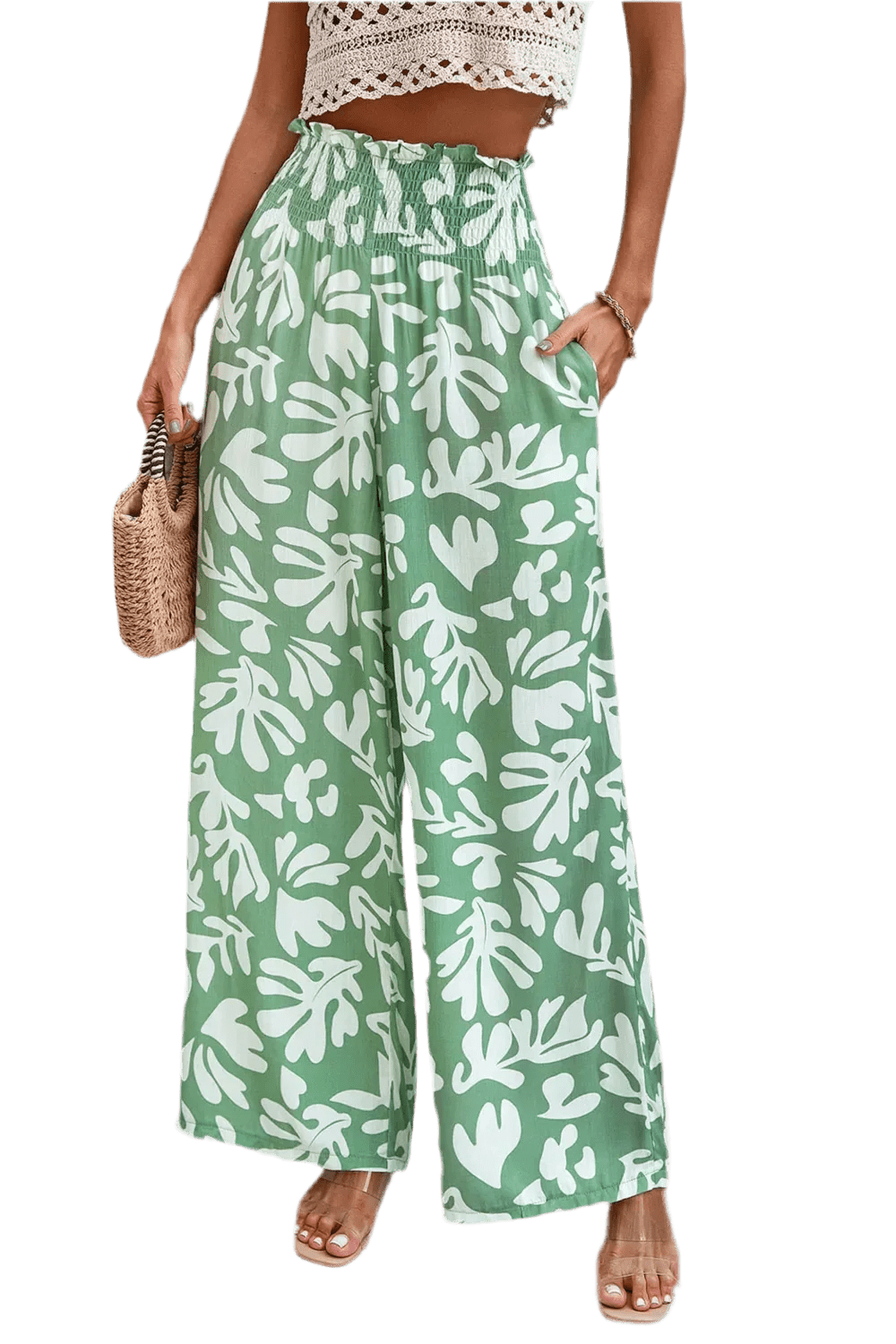 Printed Wide Leg Smocked Pants with Pockets - minbolu -