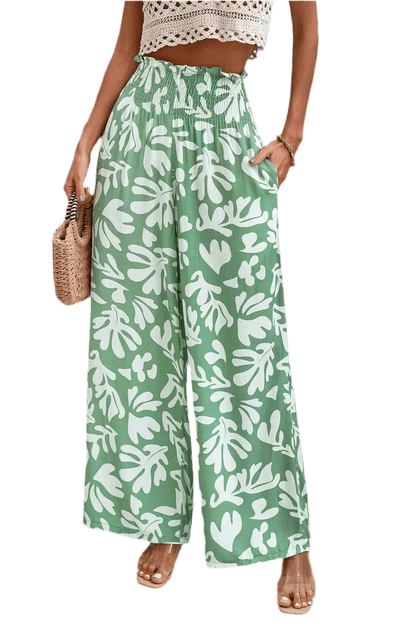 Printed Wide Leg Smocked Pants with Pockets - minbolu -