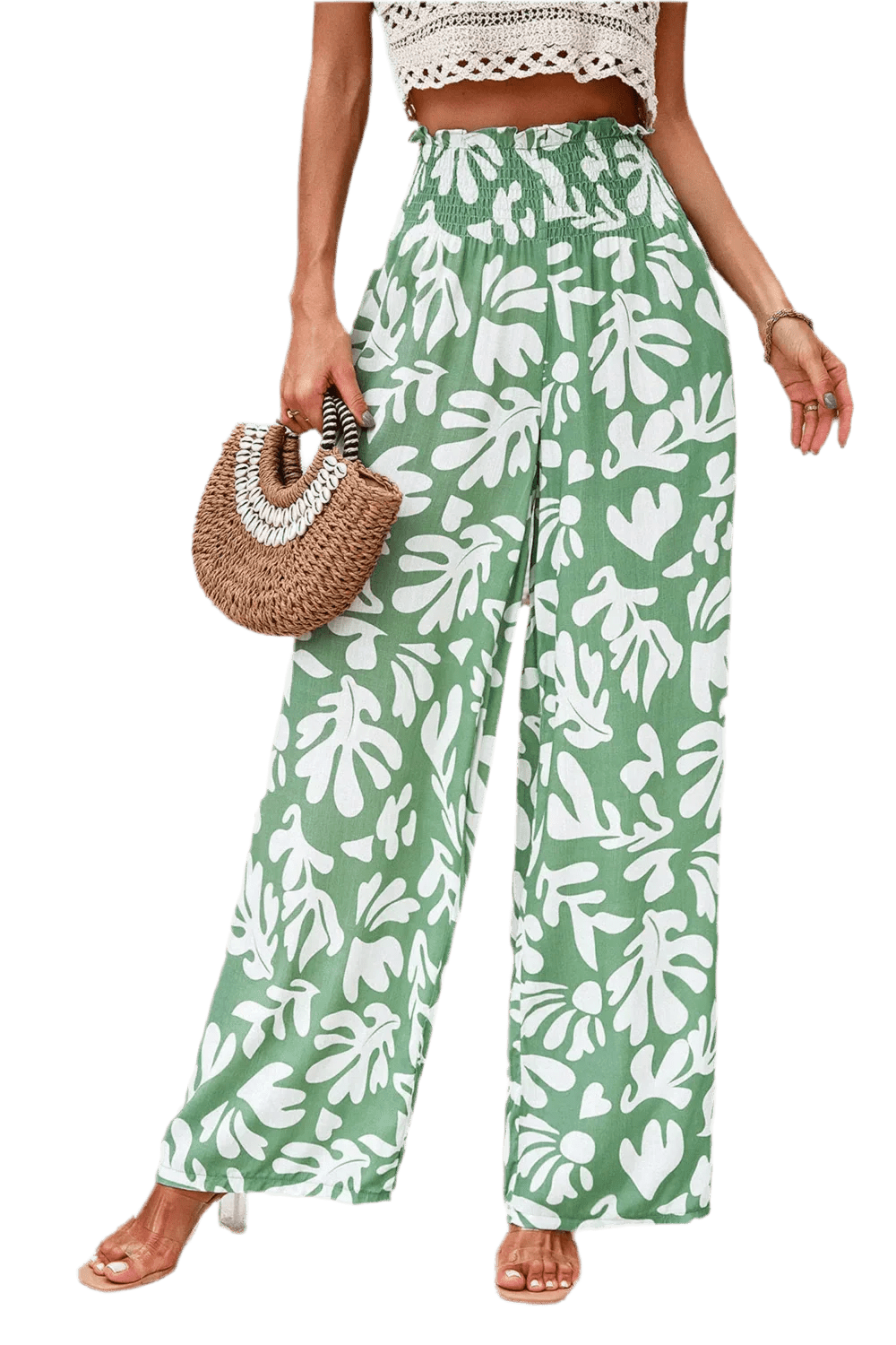 Printed Wide Leg Smocked Pants with Pockets - minbolu -