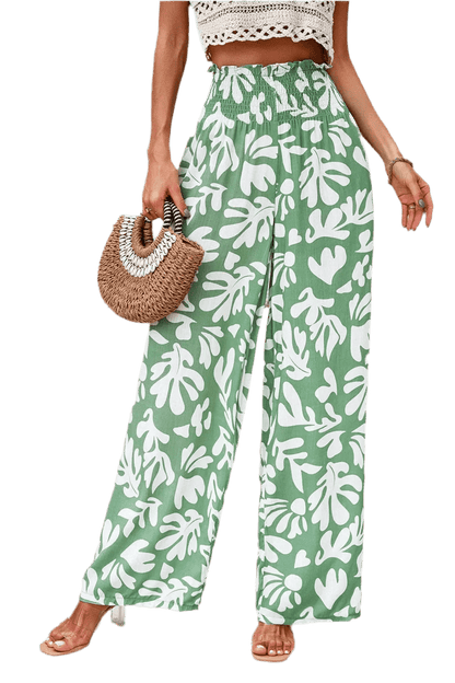 Printed Wide Leg Smocked Pants with Pockets - minbolu -