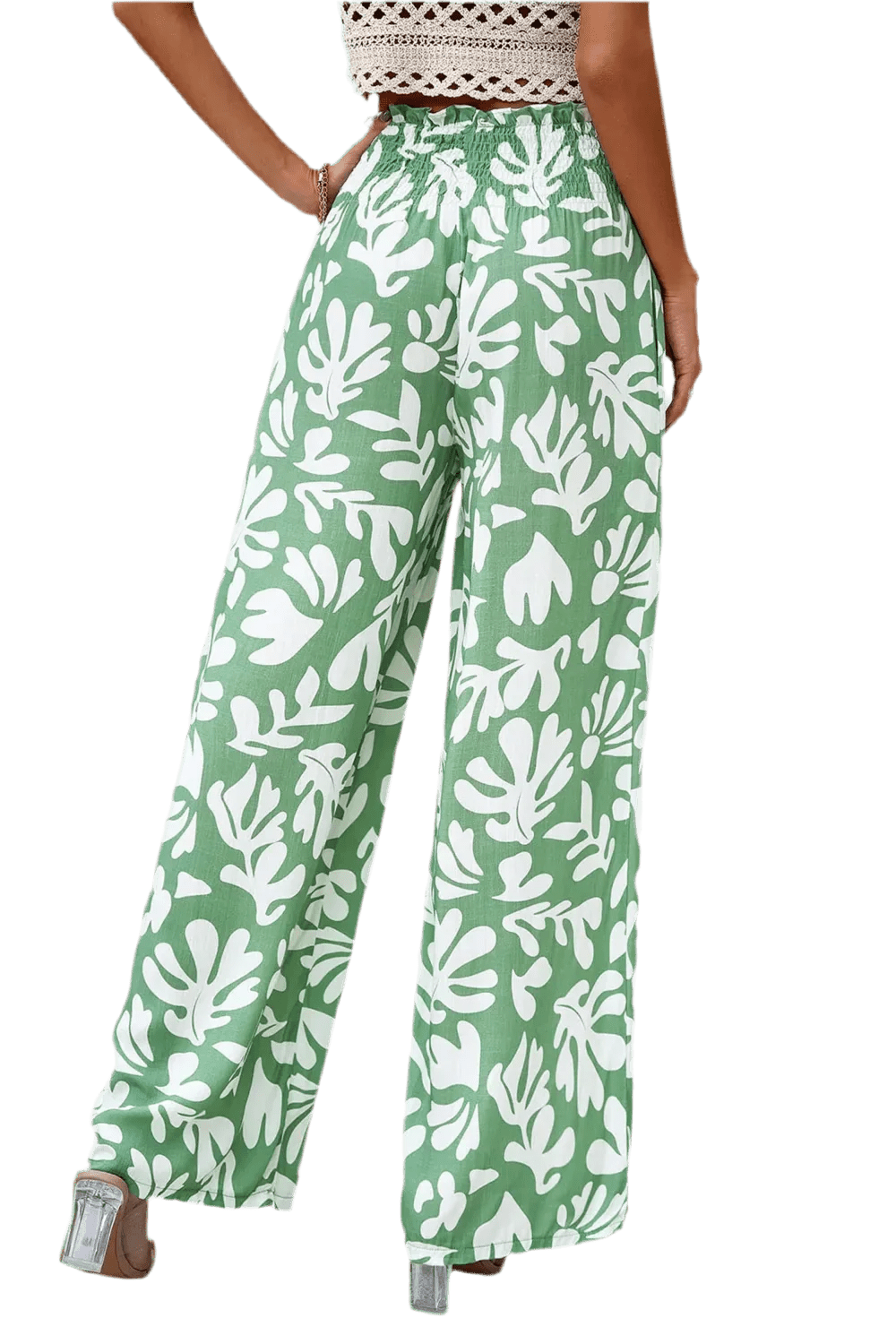 Printed Wide Leg Smocked Pants with Pockets - minbolu -
