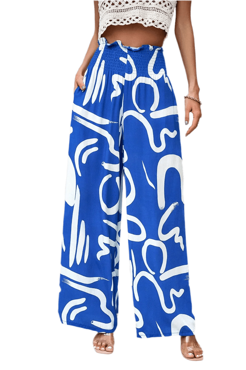 Printed Wide Leg Smocked Pants with Pockets - minbolu -
