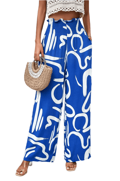 Printed Wide Leg Smocked Pants with Pockets - minbolu -