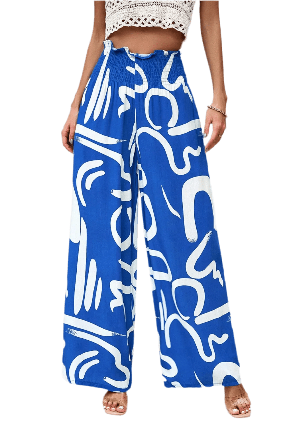 Printed Wide Leg Smocked Pants with Pockets - minbolu -