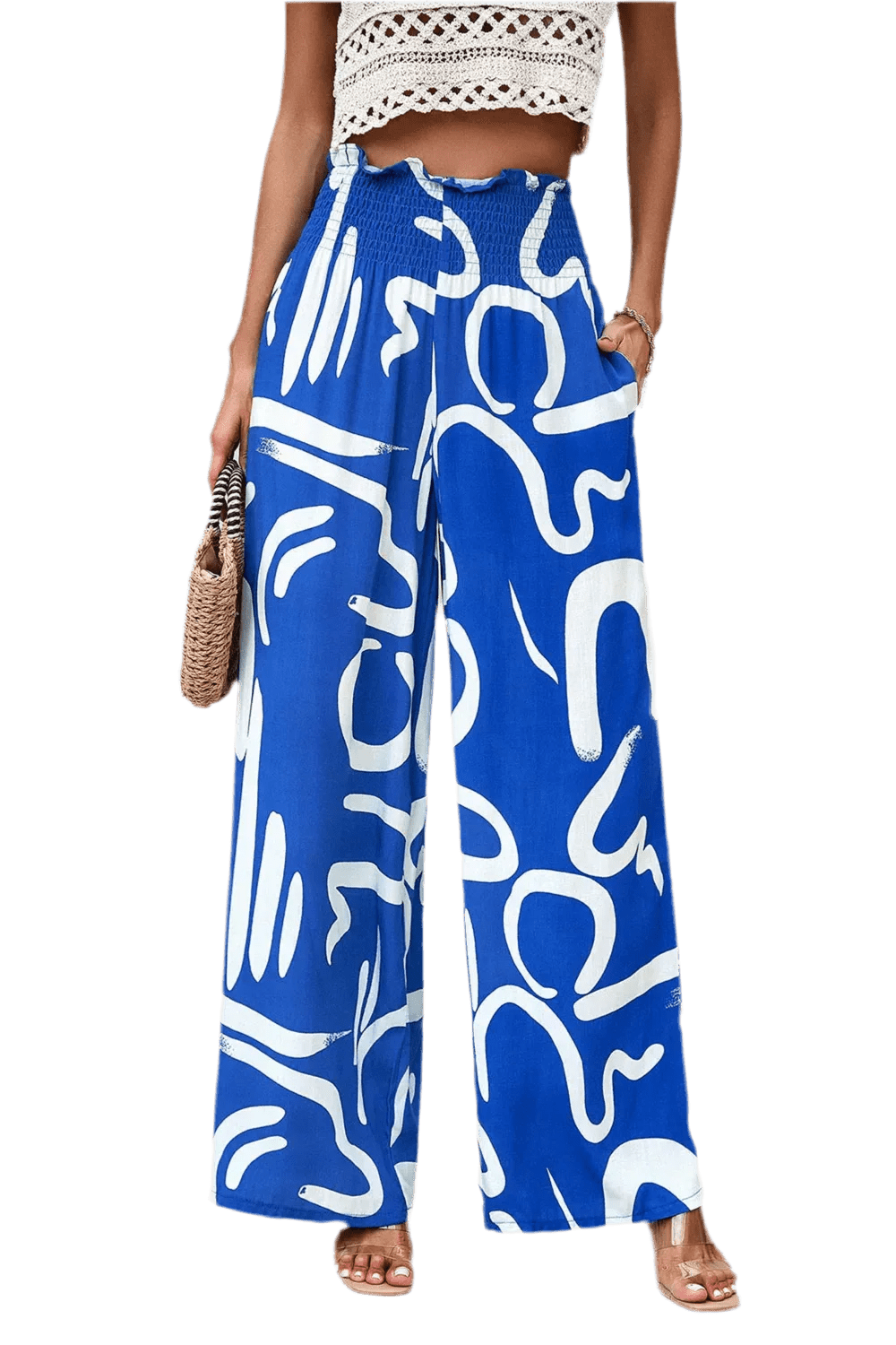 Printed Wide Leg Smocked Pants with Pockets - minbolu -