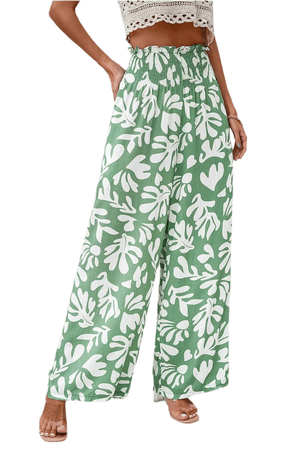 Printed Wide Leg Smocked Pants with Pockets - minbolu -