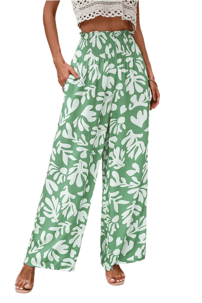 Printed Wide Leg Smocked Pants with Pockets - minbolu -