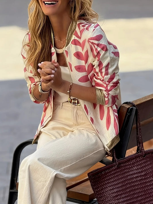 Printed Zip Up Long Sleeve Jacket - minbolu