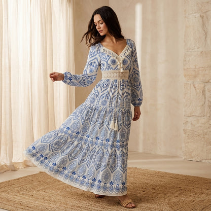 Boho Midi Dress with Tassel Detail - V-Neck Flowy Dress