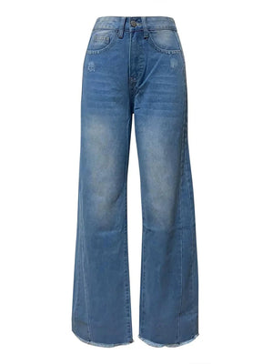 Raw Hem Wide Leg Jeans with Pockets - minbolu -