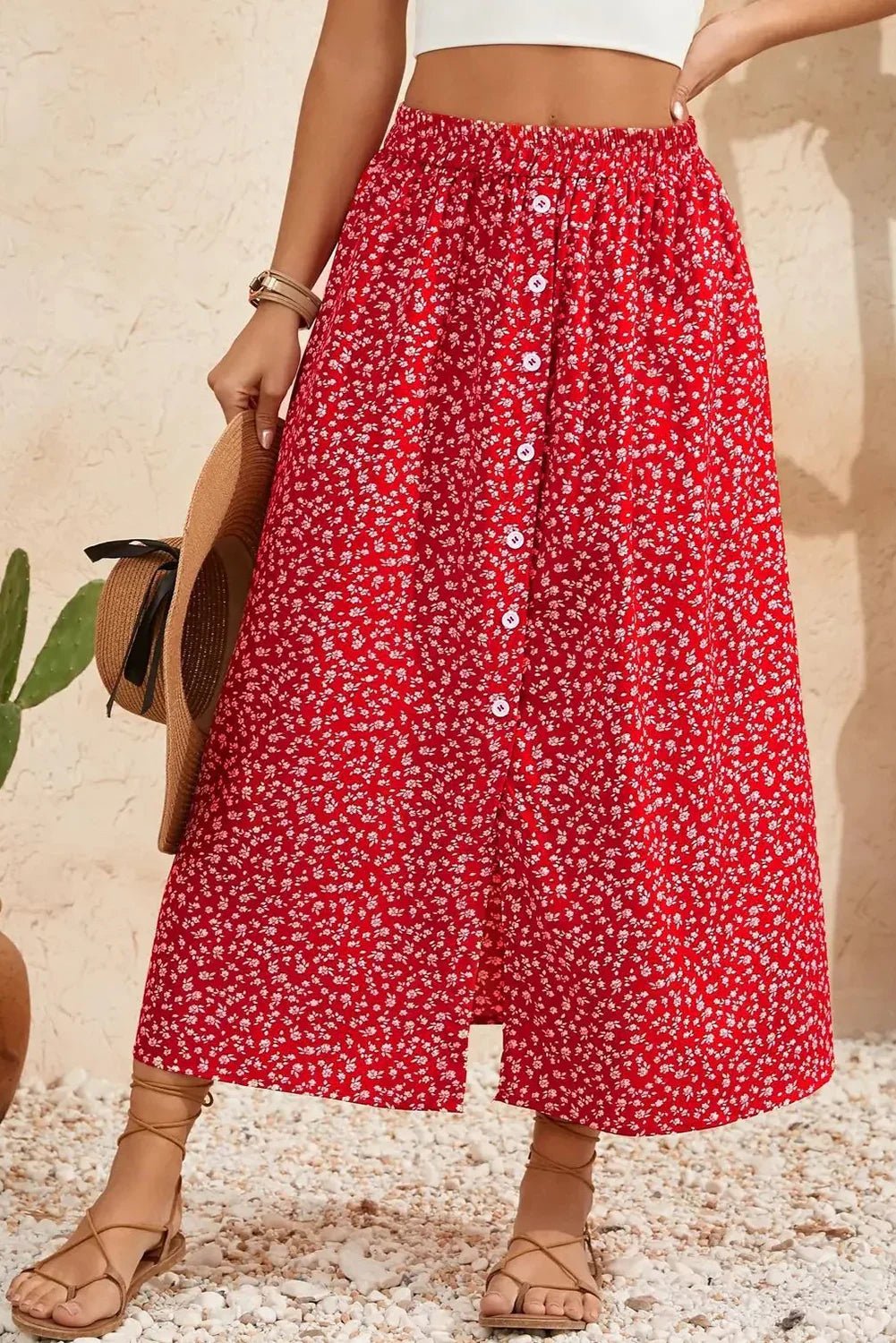Red Floral Print Button Down Skirt - Straight Midi Skirt - minbolu -
