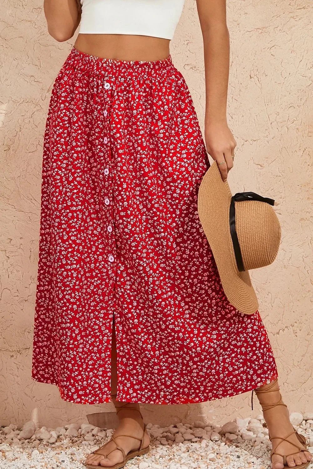 Red Floral Print Button Down Skirt - Straight Midi Skirt - minbolu -
