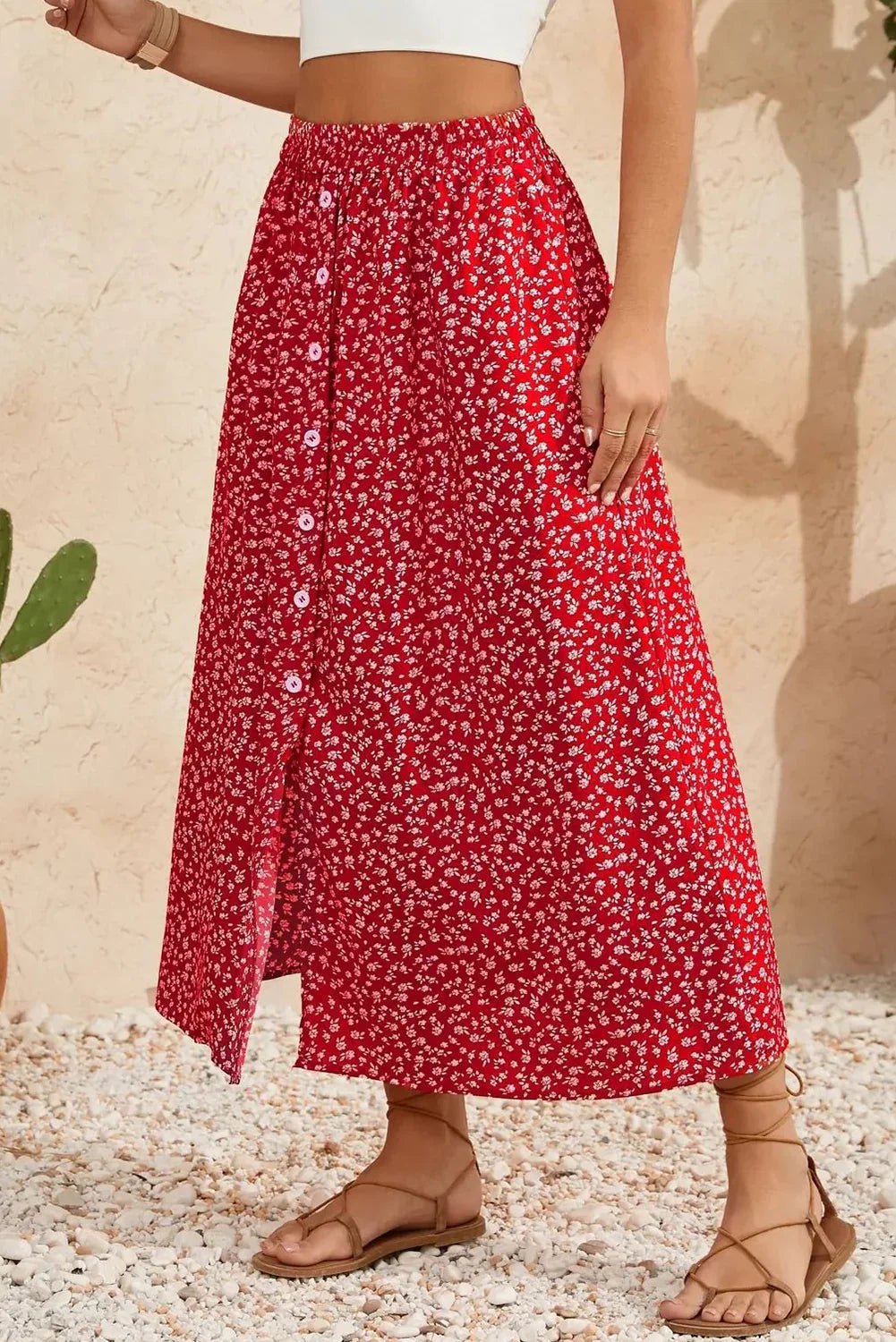 Red Floral Print Button Down Skirt - Straight Midi Skirt - minbolu -