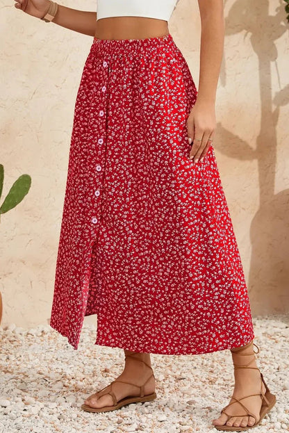 Red Floral Print Button Down Skirt - Straight Midi Skirt - minbolu -