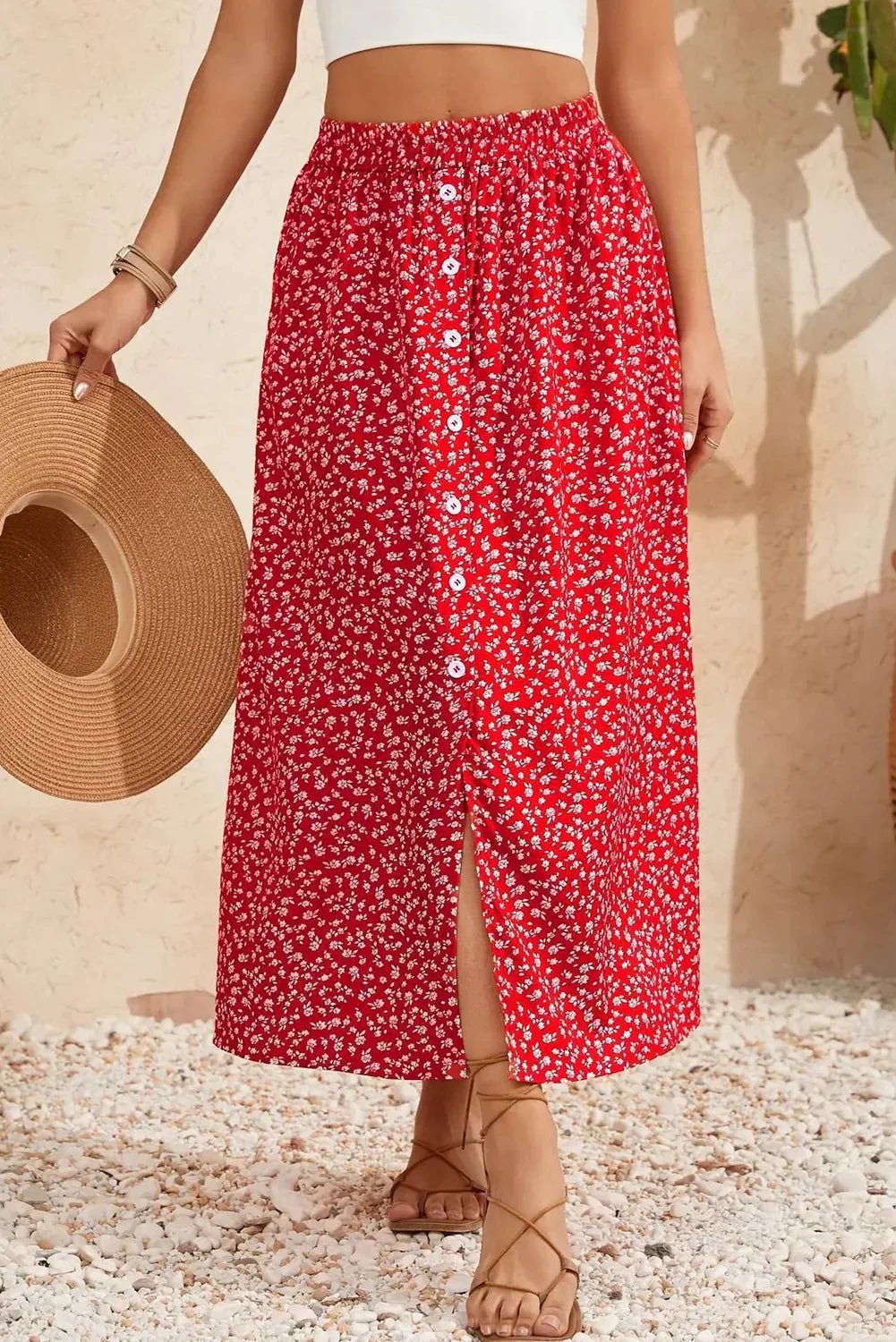 Red Floral Print Button Down Skirt - Straight Midi Skirt - minbolu -
