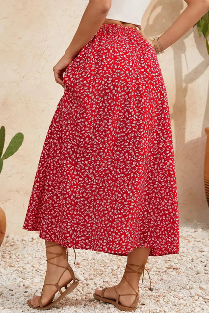 Red Floral Print Button Down Skirt - Straight Midi Skirt - minbolu -