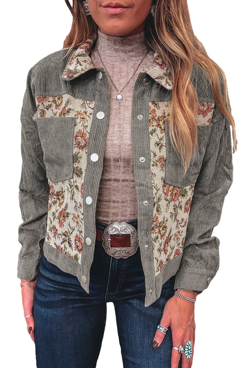 Retro Floral Patchwork Jacket - Ribbed Corduroy Vintage Style - Jackets - minbolu