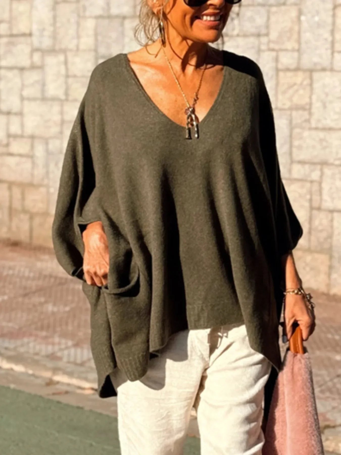 Ribbed Hem V-Neck Sweater - minbolu -