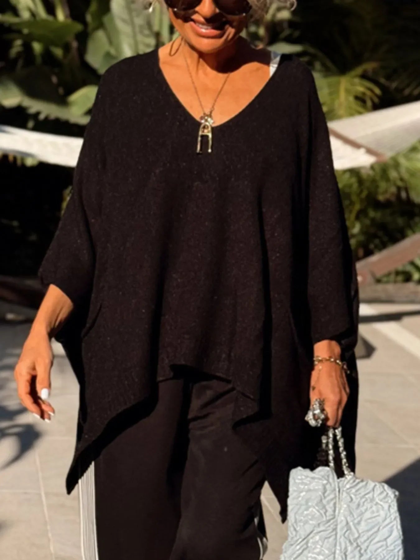 Ribbed Hem V-Neck Sweater - minbolu -